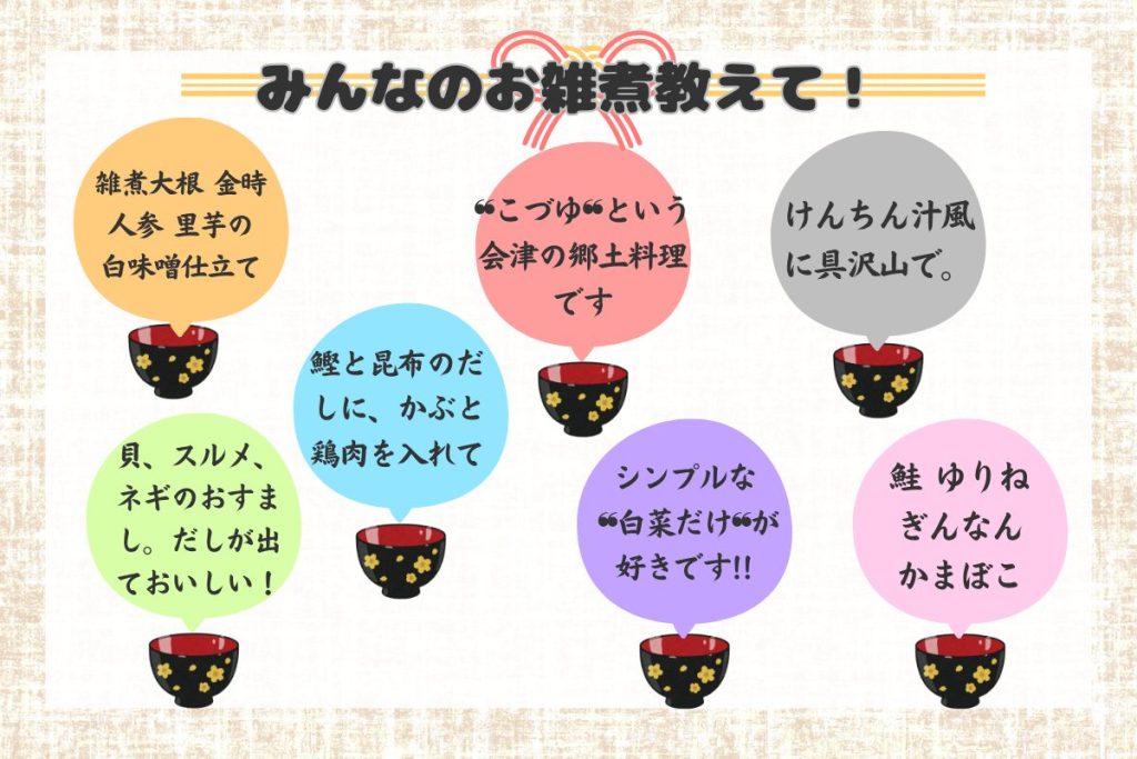 雑煮のバリエーション。
「雑煮大根、金時人参、里芋の白みそ仕立て」「かづゆという会津の郷土料理です」「けんちん汁風に具だくさんで」「貝、するめ、ねぎのおすまし。だしが出ておいしい！」「鰹と昆布のだしに、かぶと鶏肉を入れて」「シンプルな白菜だけが好きです！」「鮭、ゆりね、ぎんなん、かまぼこ」